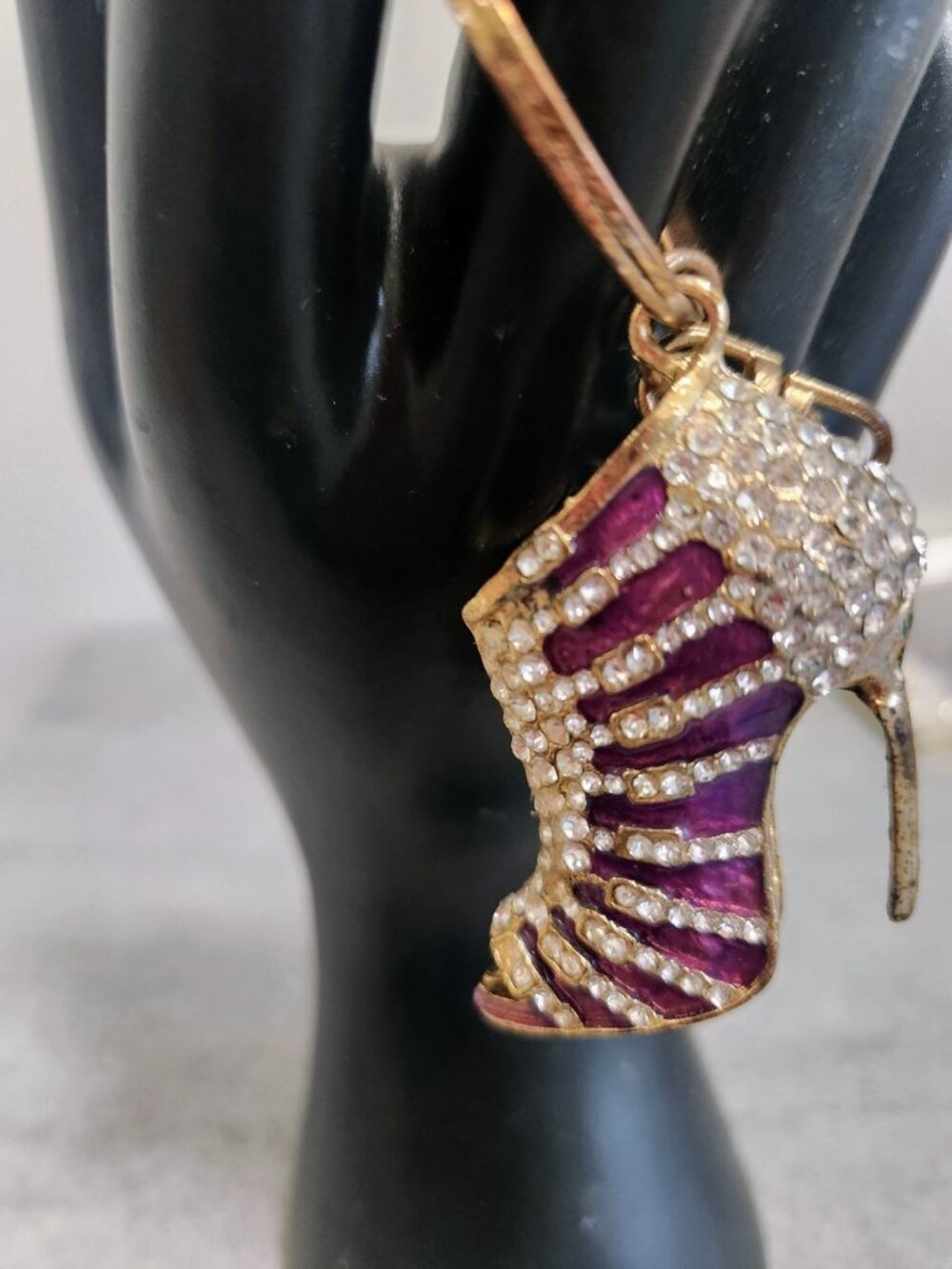 Stiletto Shape Rhinestone Purse Charm Purple and Clear Stone on Faux Gold